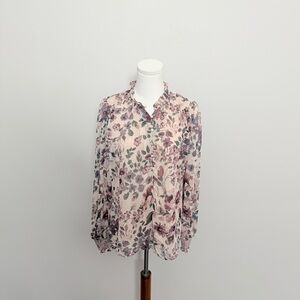 Joie Top Floral Blouse Popover Ruffle Neck Long Sleeve Sparkle Gold Pink Purple
